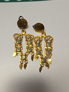 Gold and Turquoise Dangle Chandelier Earrings - Brand Unspecified